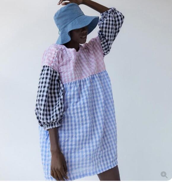 Tach Clothing Dresses & Skirts - Tach Clothing Catarina Cloque Dress size M Gingham Mix Puff Sleeve Colorblock